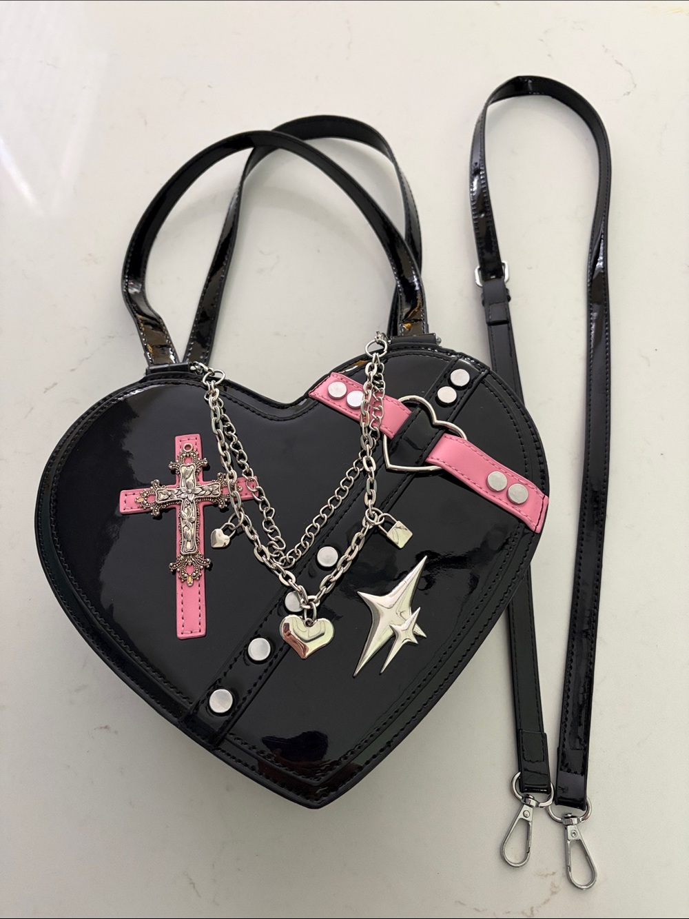 Patent Heart Crossbody Bag in Black and Pink with Silver Charms